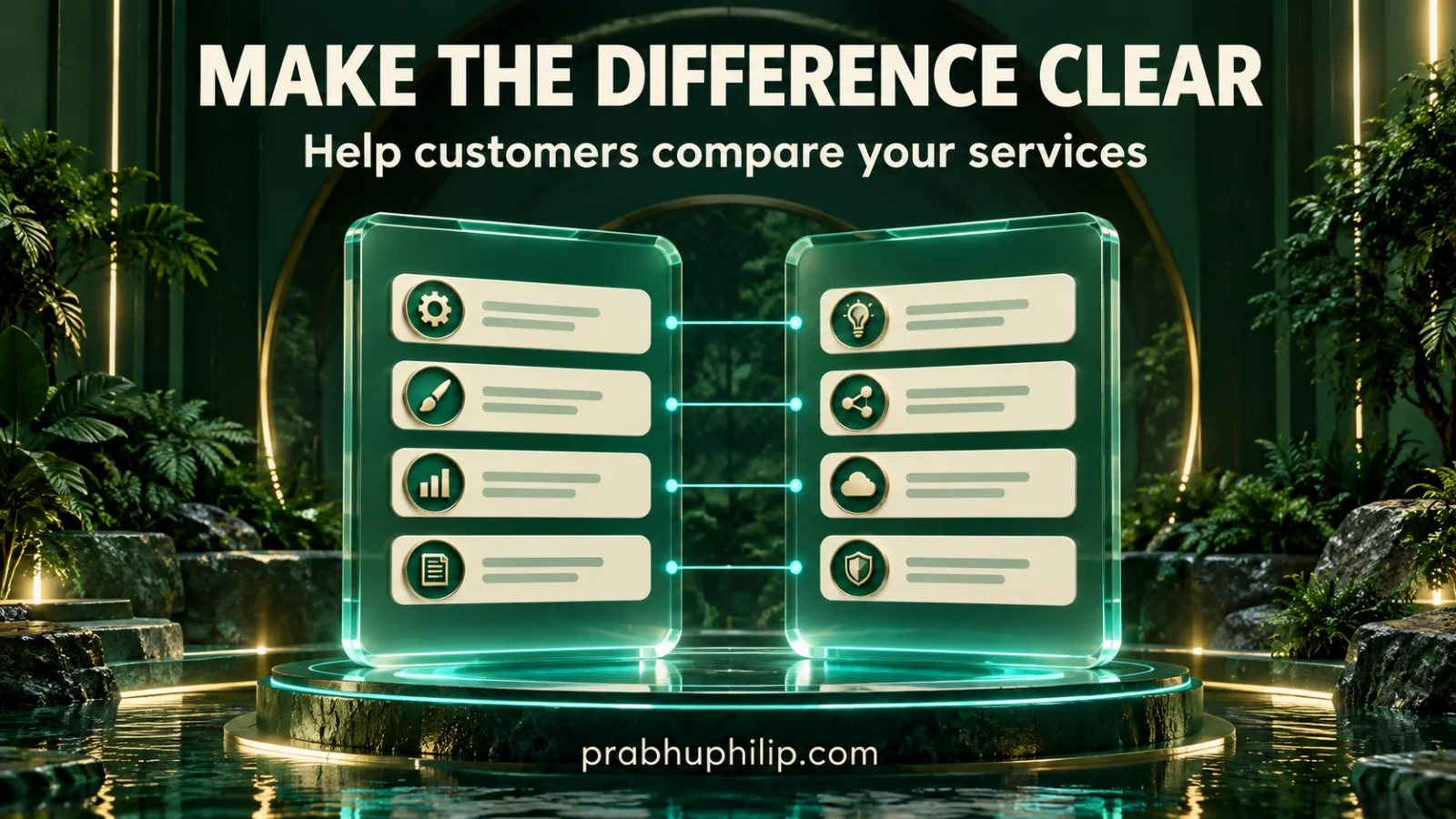 Two emerald holographic service panels connected by comparison lines beneath the words Make the Difference Clear.