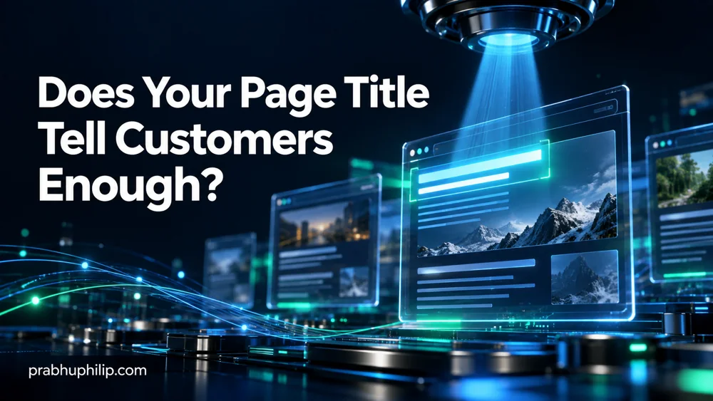Futuristic holographic webpages beneath the headline Does Your Page Title Tell Customers Enough?