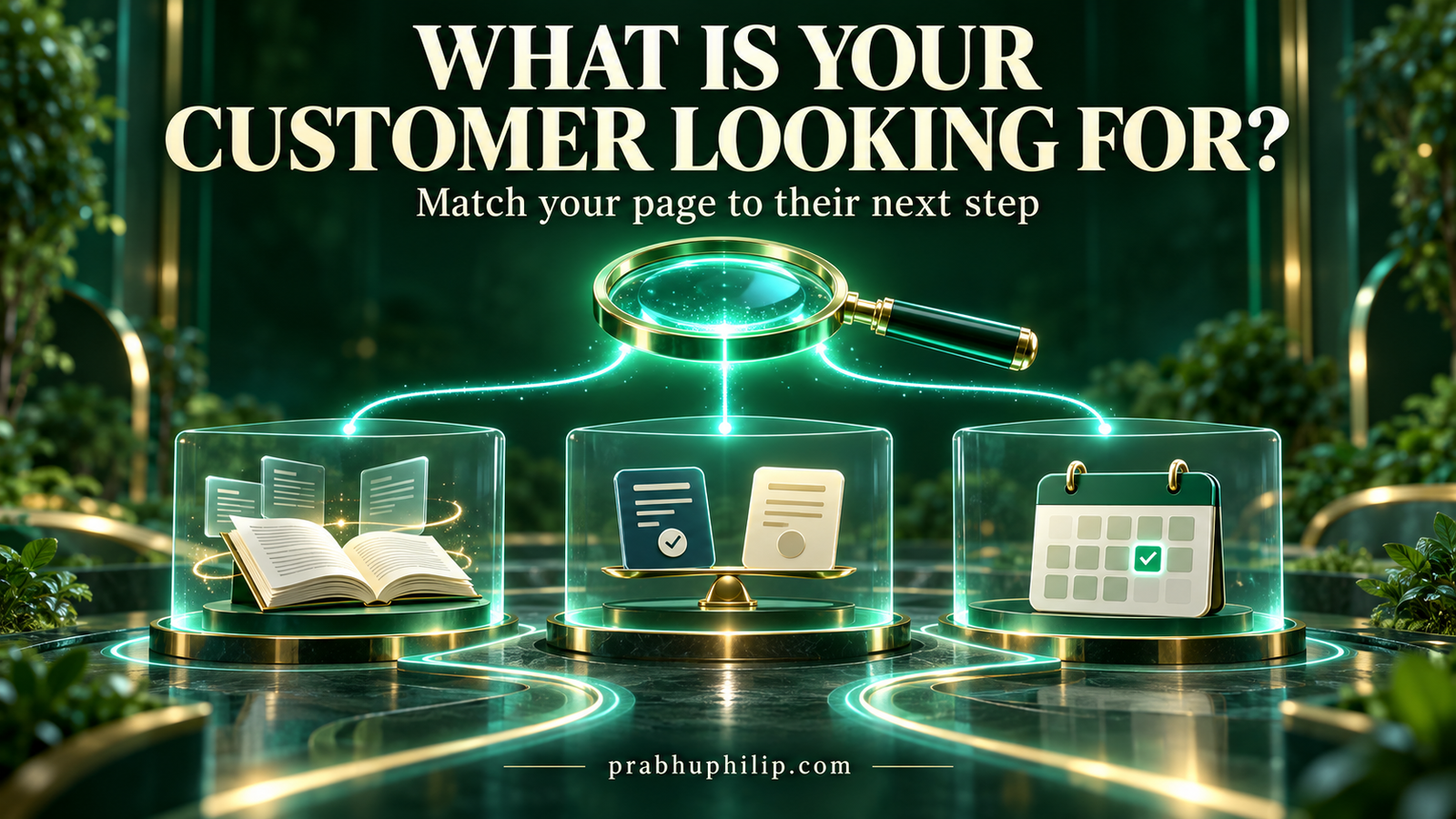 A glowing magnifying glass connects learning, comparison, and booking panels beneath “What Is Your Customer Looking For?”